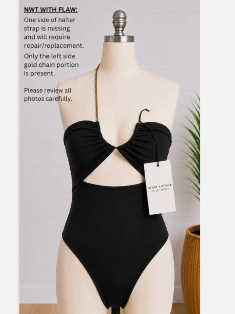 ALICE + OLIVIA Sariya Cutout Bodysuit Size M Black Chain Halter NWT w/FLAW $250